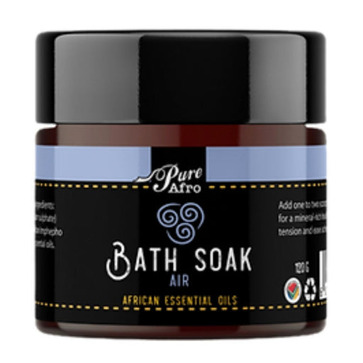 Pure Afro Bath Soak Air – African Essential Oils bath soak in amber jar with black and light blue label for relaxation and aromatherapy.