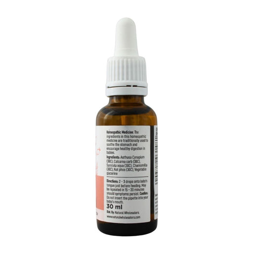 Wholesale BabyNature Reflux Drops Bottle showing ingredients, directions, and claims that it contains no artificial ingredients and is safe for babies.