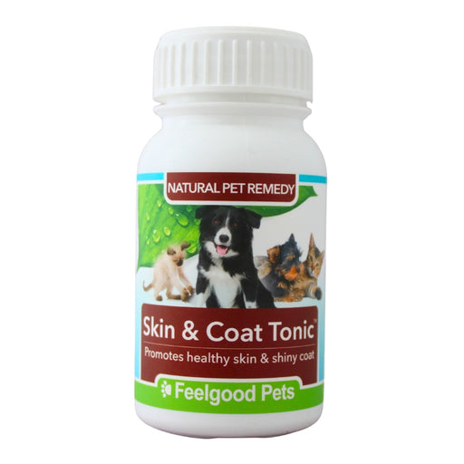 Bottle of Skin & Coat Tonic by Feelgood Pets – wholesale distribution pet remedy for healthy coat and skin.