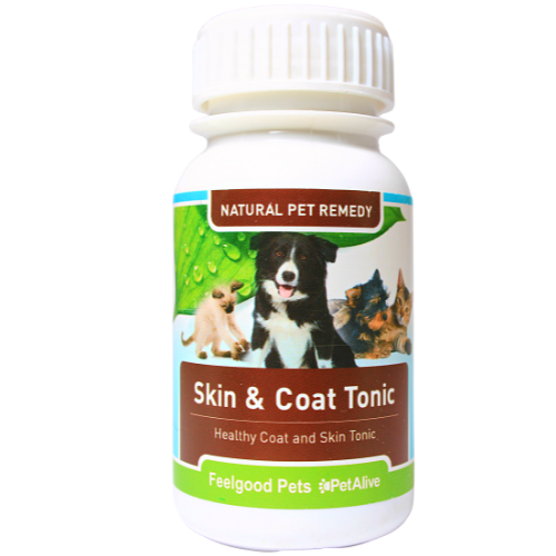 Bottle of Skin & Coat Tonic by Feelgood Pets – wholesale distribution pet remedy for healthy coat and skin.