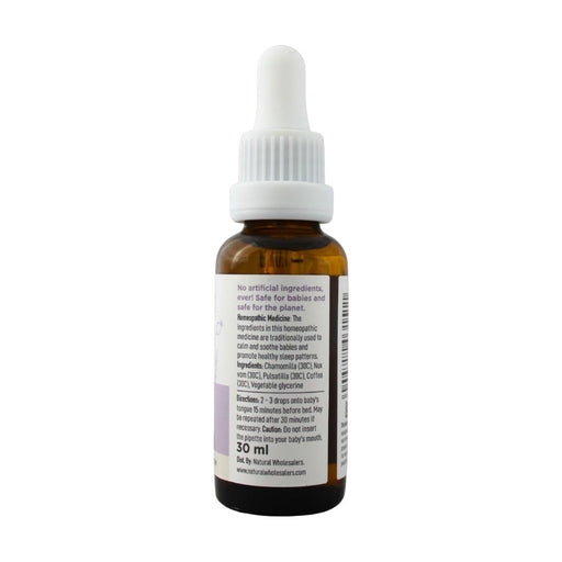 Wholesale BabyNature Sleep Drops Bottle showing ingredients, directions, and claims that it contains no artificial ingredients and is safe for babies.