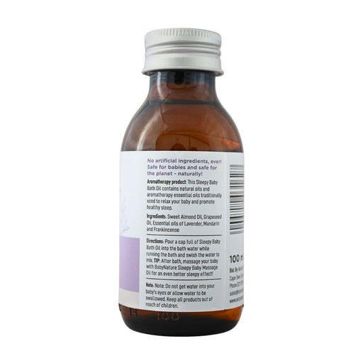 Wholesale BabyNature Baby Bath Oil showing ingredients, directions, and claims that it contains no artificial ingredients and is safe for babies.