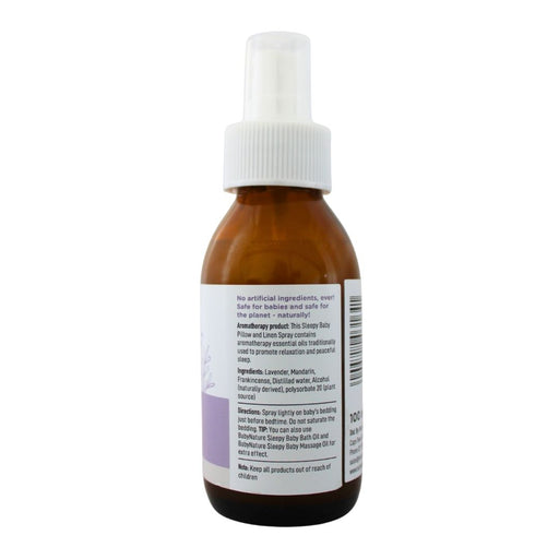 Wholesale BabyNature Sleepy Baby Linen Spray bottle showing ingredients, directions, and claims that it contains no artificial ingredients and is safe for babies.