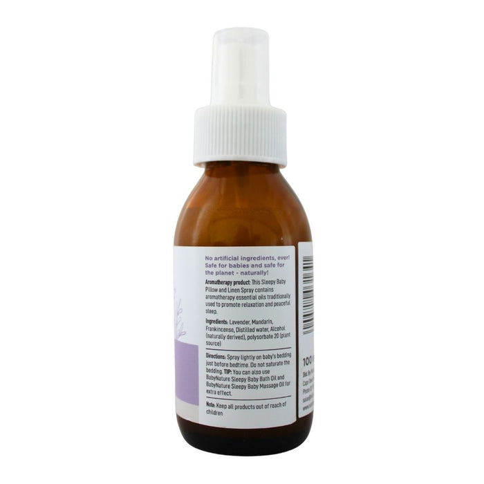 Wholesale BabyNature Sleepy Baby Linen Spray bottle showing ingredients, directions, and claims that it contains no artificial ingredients and is safe for babies.