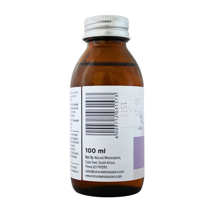 Wholesale BabyNature Sleepy Massage Oil label, showing the barcode and distributor details 