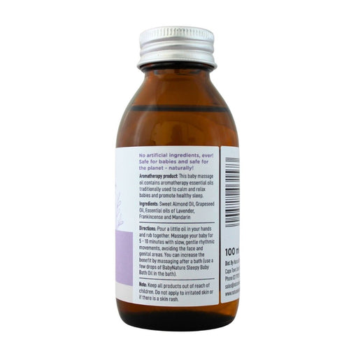 Wholesale BabyNature Sleepy Massage Oil Bottle showing ingredients, directions, and claims that it contains no artificial ingredients and is safe for babies.