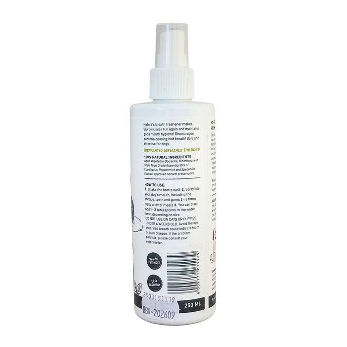 Wholesale Devoted by Nature Slurpy Kisses Breath Spray bottle showing the back label with ingredients, usage instructions, and a reminder that the product is for external use only.