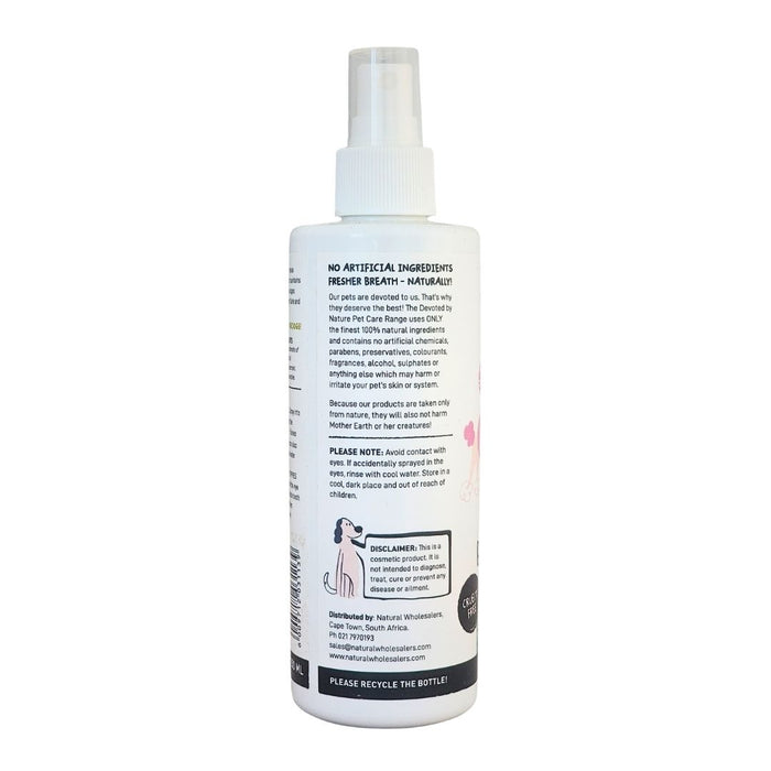 Wholesale Devoted by Nature Slurpy Kisses Breath Spray bottle showing the back label with “No Artificial Ingredients Naturally!” messaging and product care information.