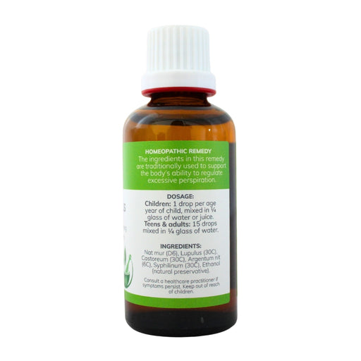 Wholesale Sweat-Less herbal tincture 50ml bottle showing the ingredients label with directions for use and supplement facts.