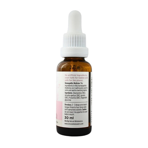Wholesale BabyNature Teething Drops Bottle showing ingredients, directions, and claims that it contains no artificial ingredients and is safe for babies