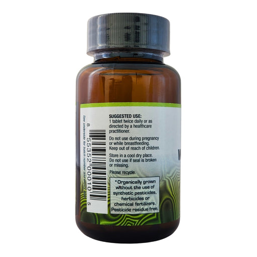 Side view of Big Tree Warburgia 60 tablets in glass amber bottle, showing barcode, organic growing claims, and suggested usage